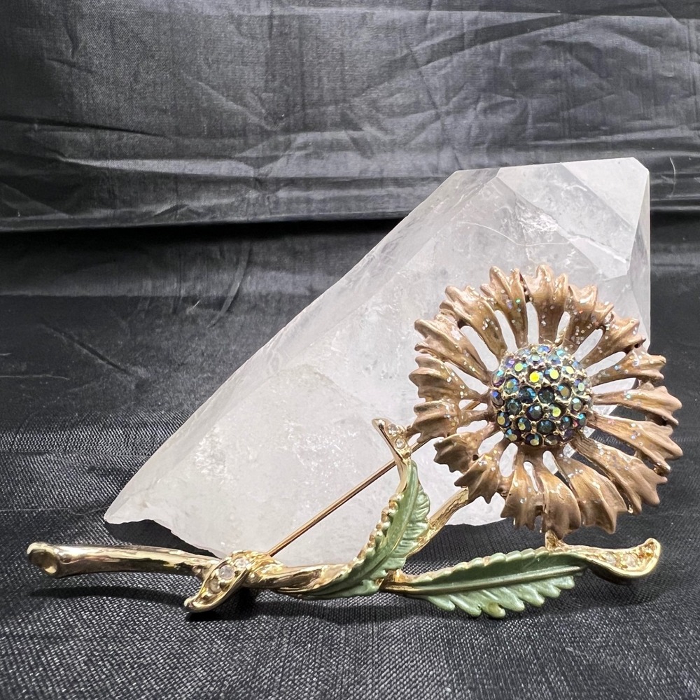 Vtg Sunflower Brooch Pin AB Rhinestone Center Gold‎ Tone Floral Cottagecore Boho